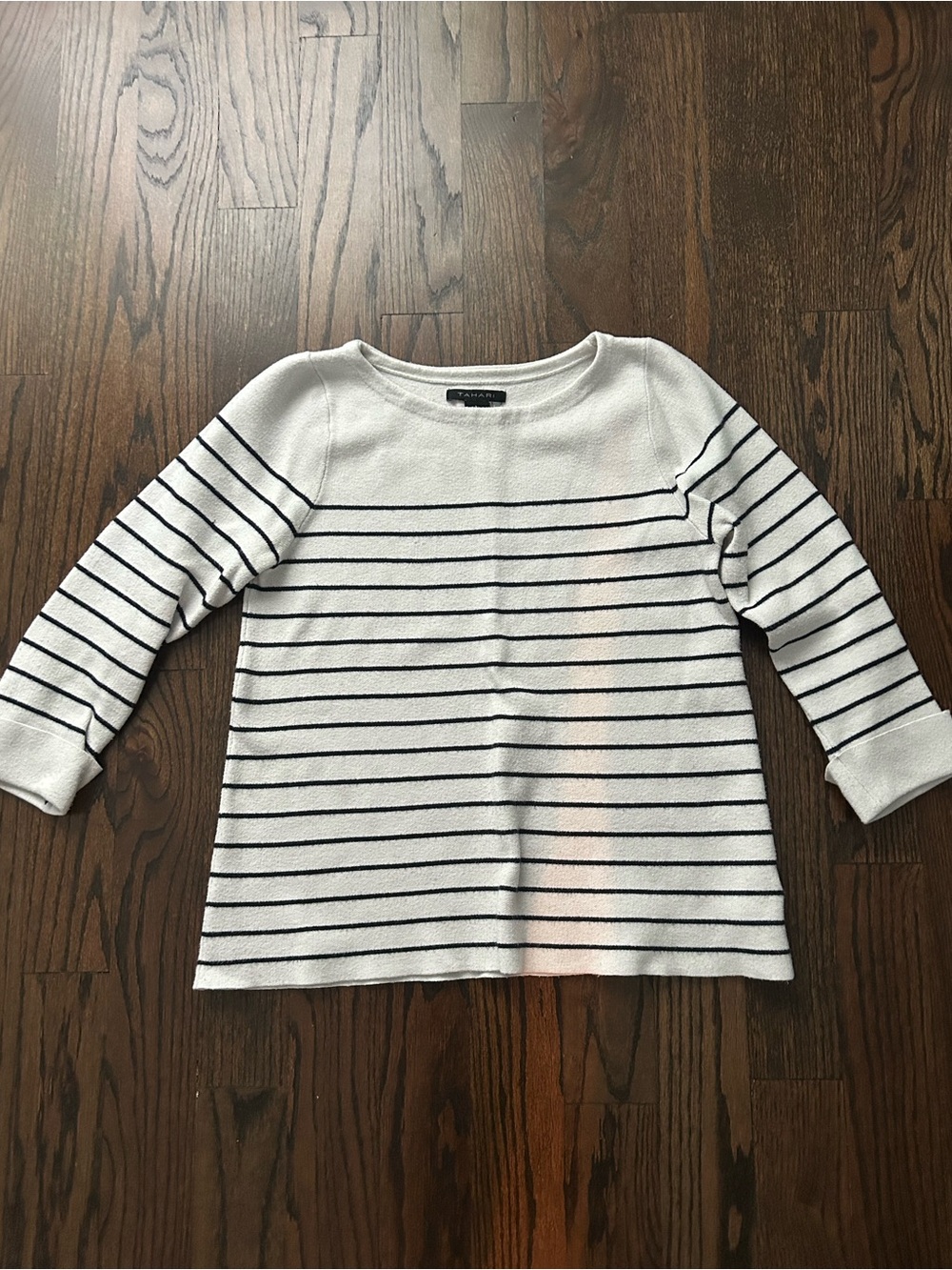 Tahari White Crewneck Sweater with Navy Stripes